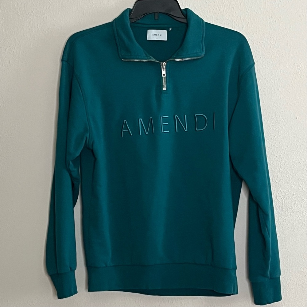AMENDI COTTON FRANK PETROL TEAL EMBROIDERY LOGO 1/4 ZIP LONG SLEEVE SWEATER L